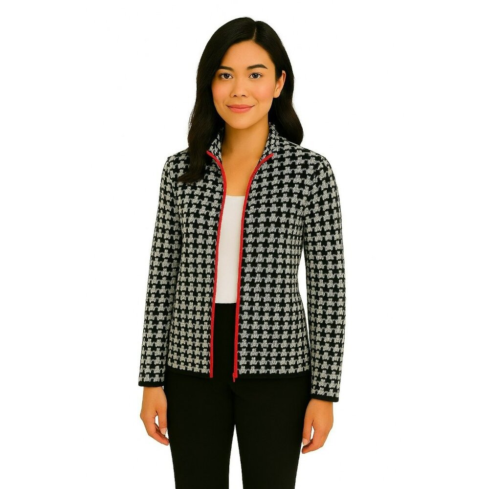 Juliana Collezione Womens Medium Houndstooth Wool Full Zip Cardigan Jacket Black